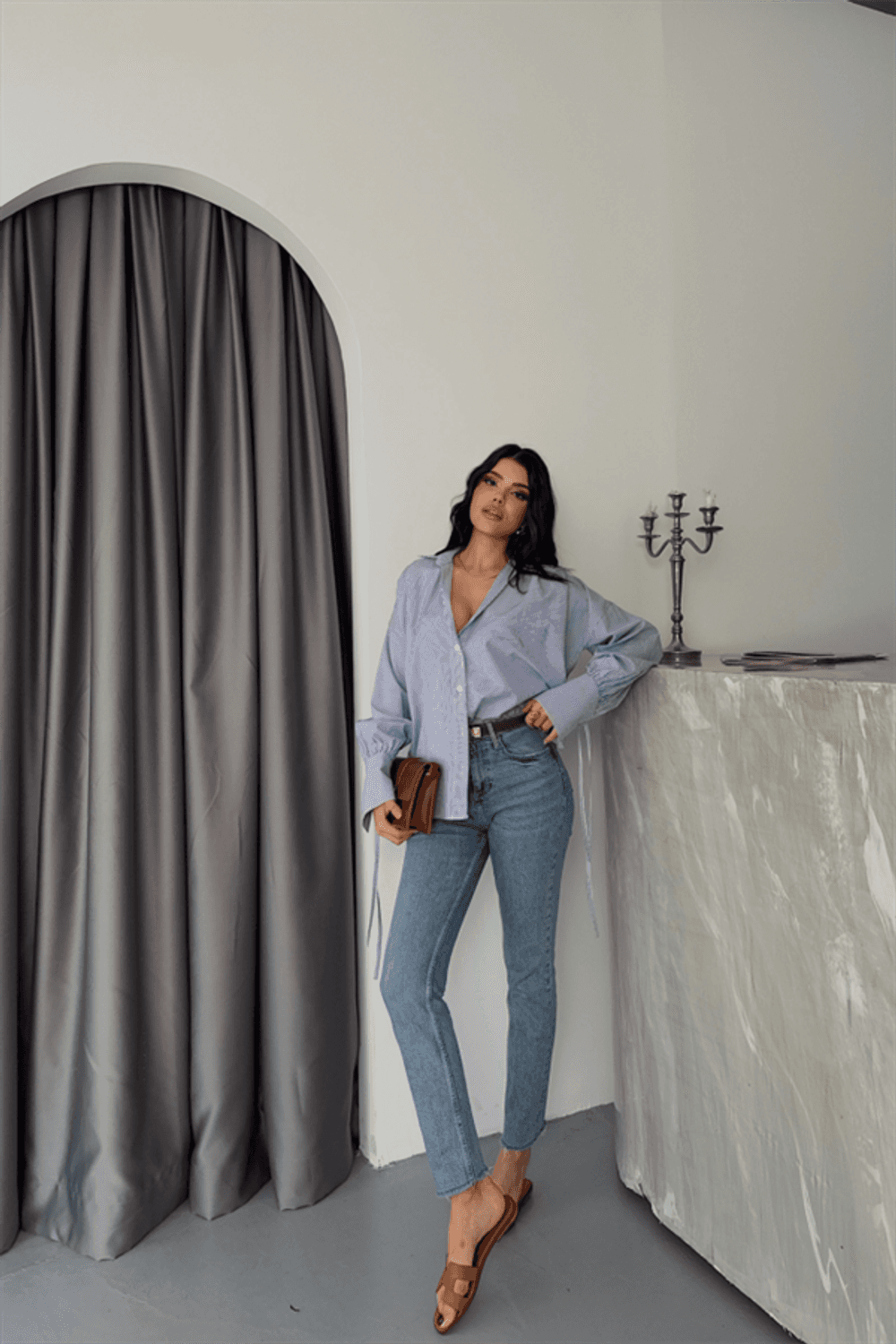 ÇİZGİLİ POPLİN GÖMLEK MANŞET İP DETAYLI - Lacivert