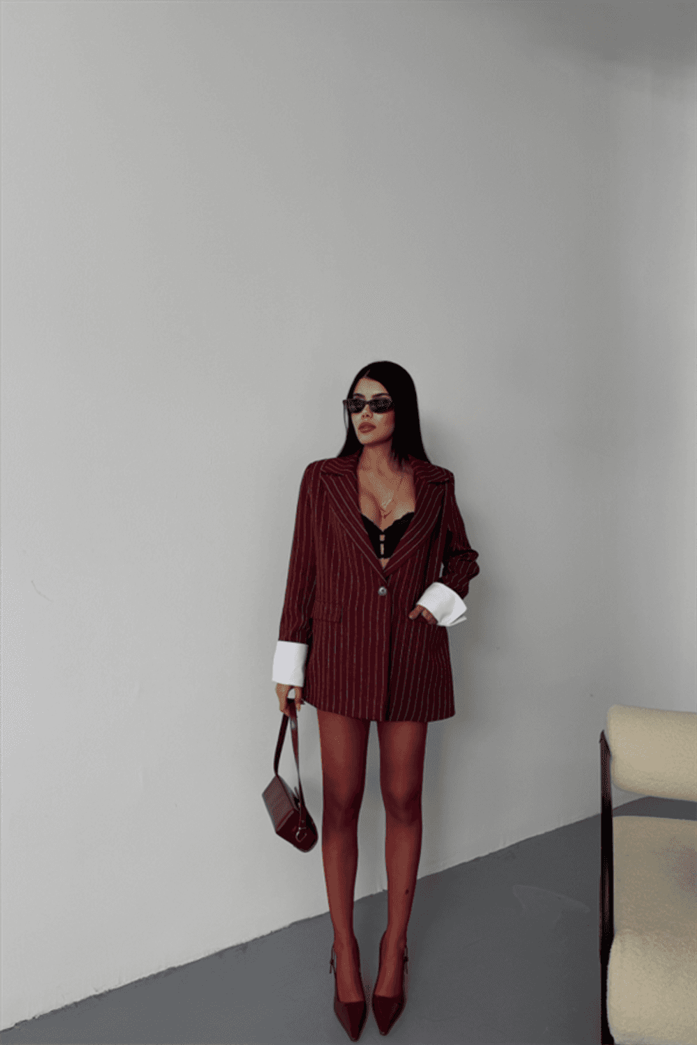 ÇİZGİLİ CEKET TEK DÜĞME EKRU MANŞET - Bordo