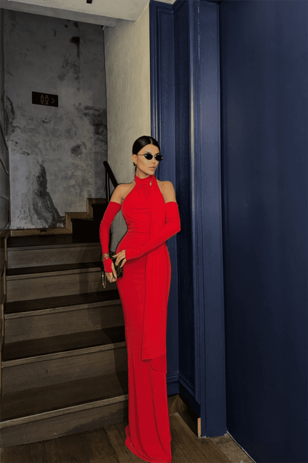 BOYUNDAN  BAĞLAMA DETAYLI ELDİVEN KOL SANDY ELBİSE - Kırmızı