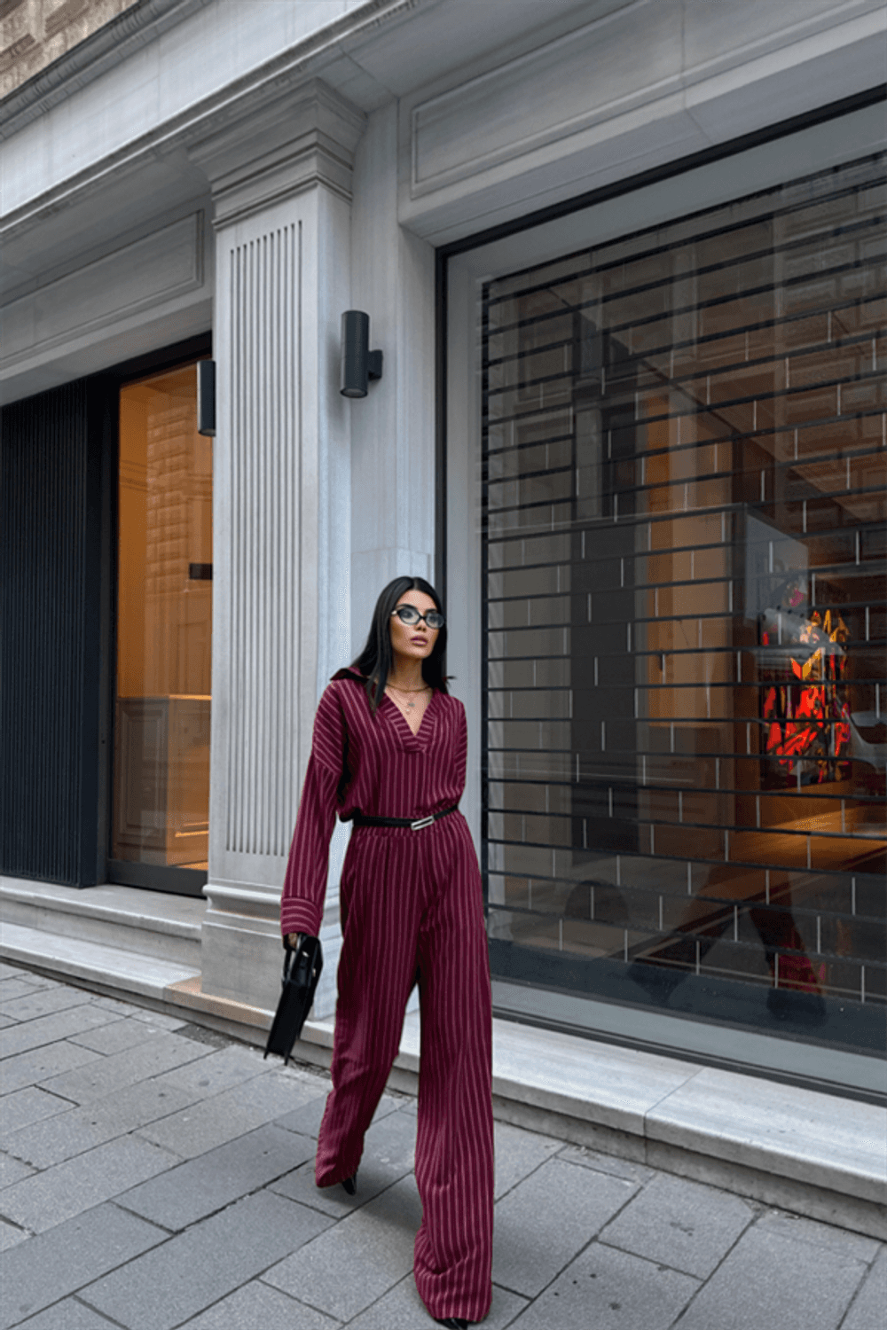 ÇİZGİLİ BLUZ  - PANTOLON TAKIM - Bordo