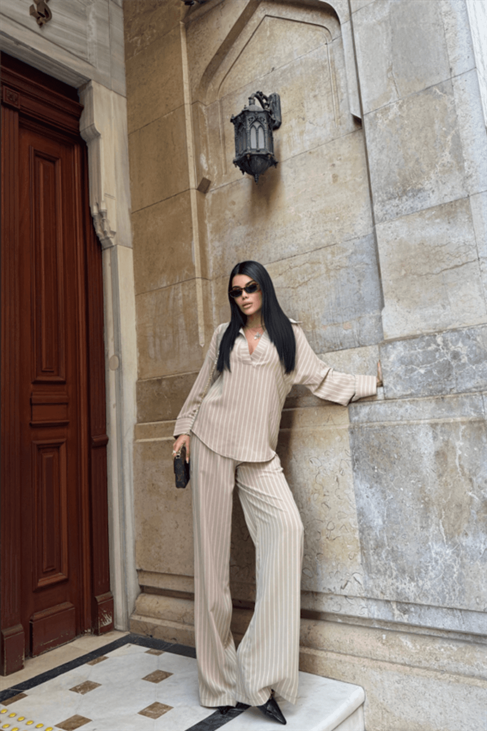 ÇİZGİLİ BLUZ  - PANTOLON TAKIM - Bej