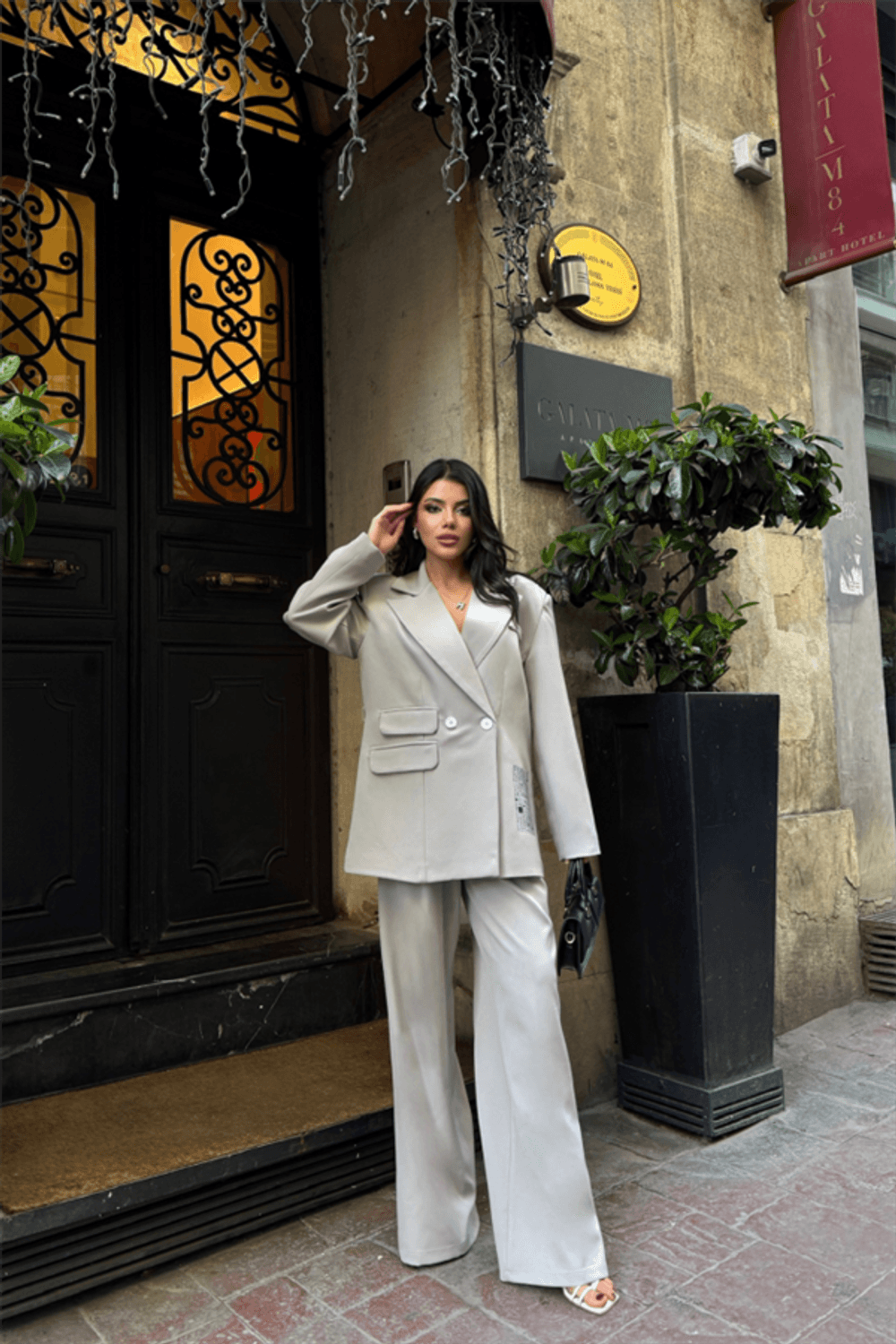 TASARIM ETİKET DETAYLI CEKET - PANTOLON TAKIM - Gri