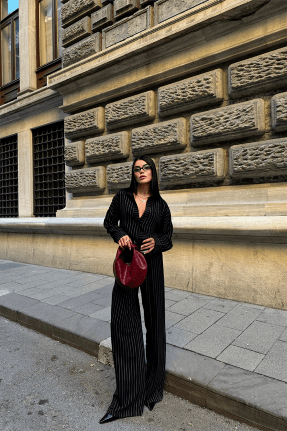 ÇİZGİLİ BLUZ  - PANTOLON TAKIM - Siyah