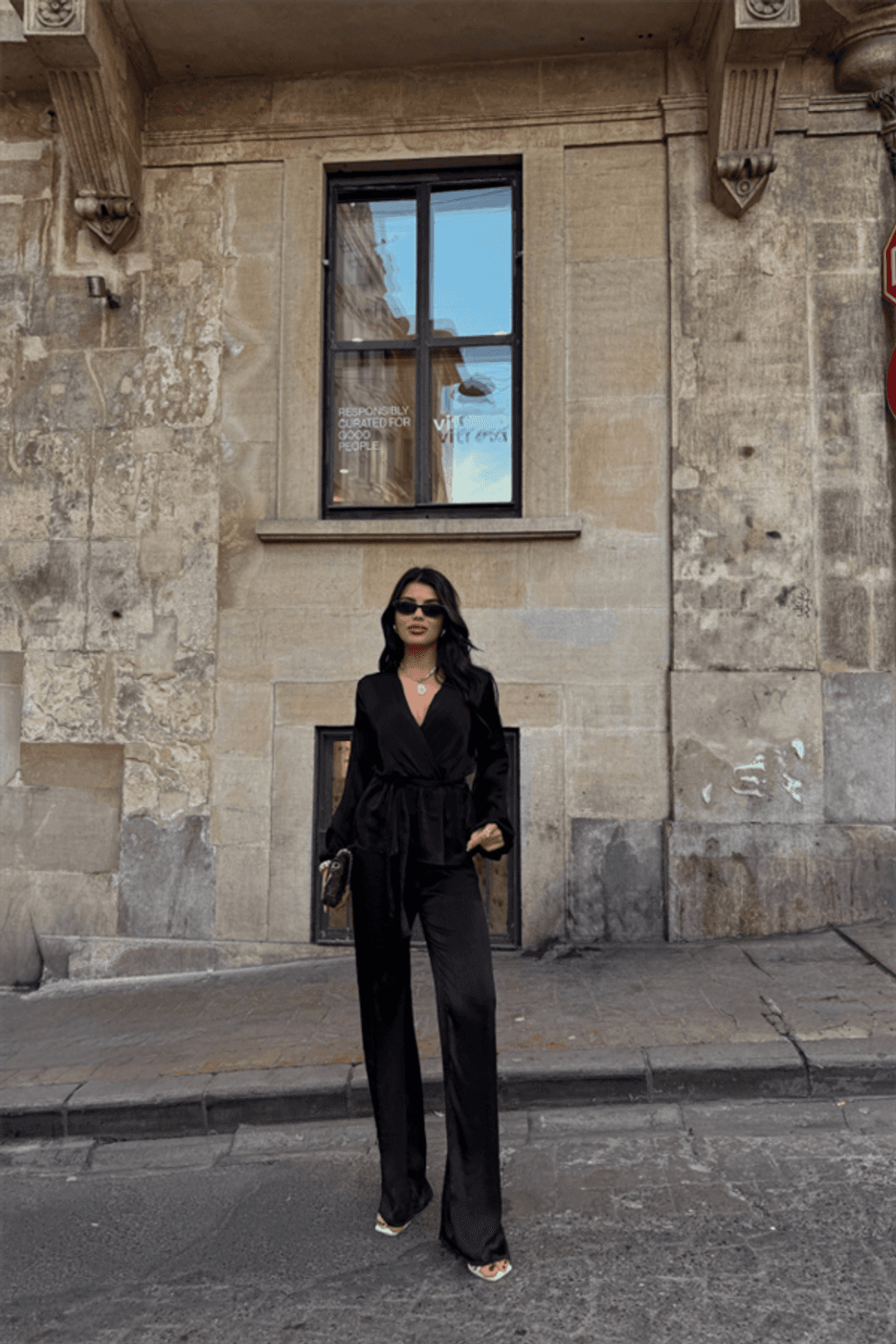 SATEN KRUVAZE BAĞLAMALI BLUZ- PANTOLON TAKIM - Siyah