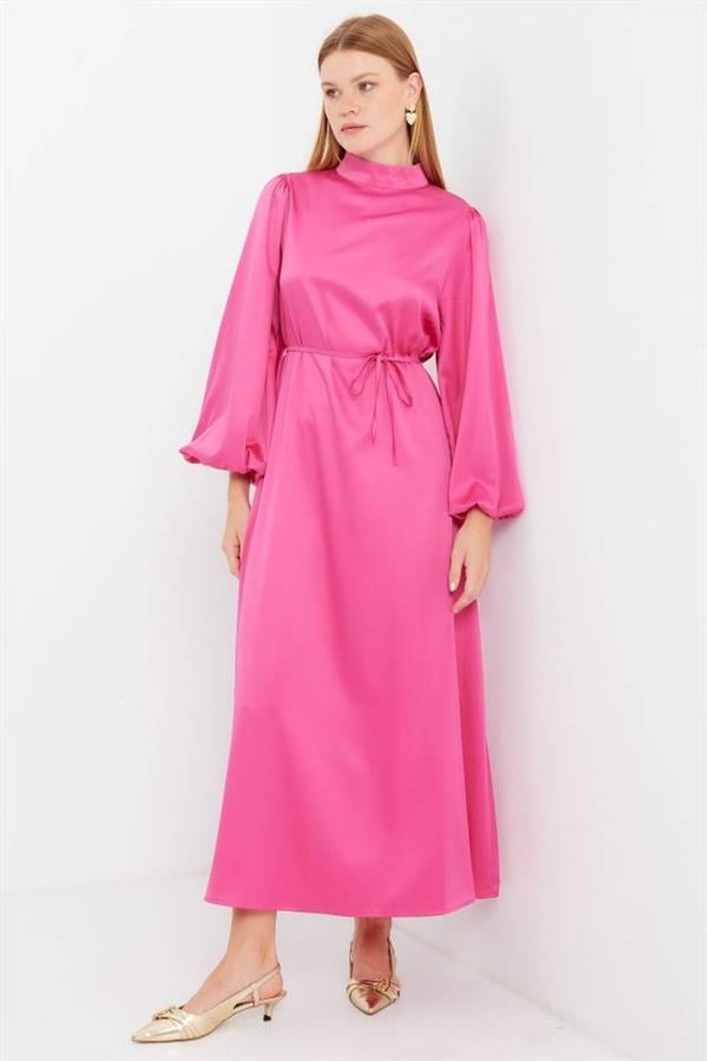 2510 Saten Tesettür Abiye Elbise - Fuşya