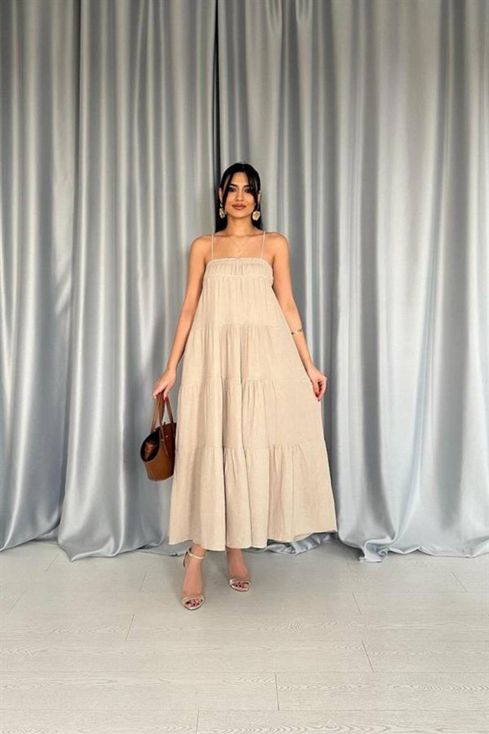 Taş Askılı Parçalı Müslin Elbise