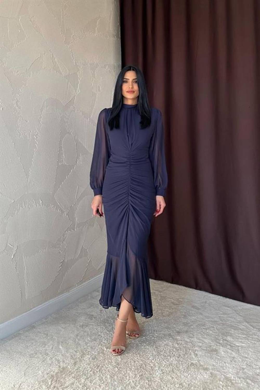Lacivert Önü Büzgülü Şifon Elbise