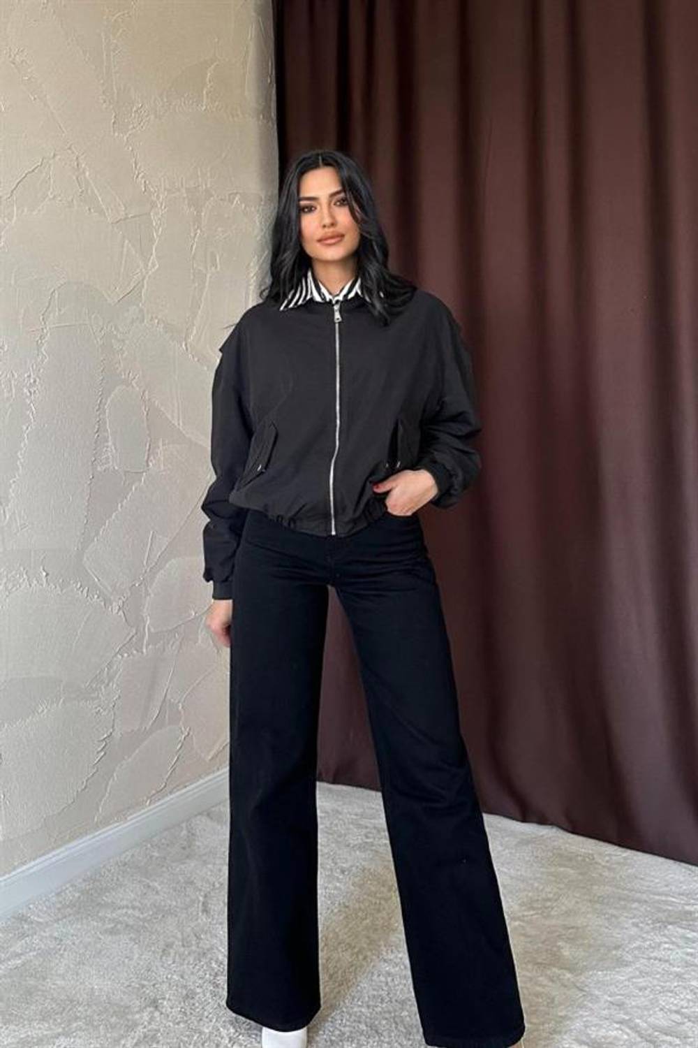 Siyah Parçalı Bomber Ceket