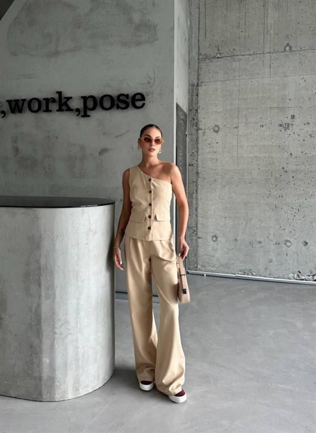 TEK KOL YELEK - PANTOLON TAKIM ATLAS - Bej