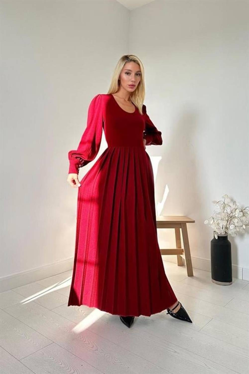 Bordo Bisiklet Yaka Elbise