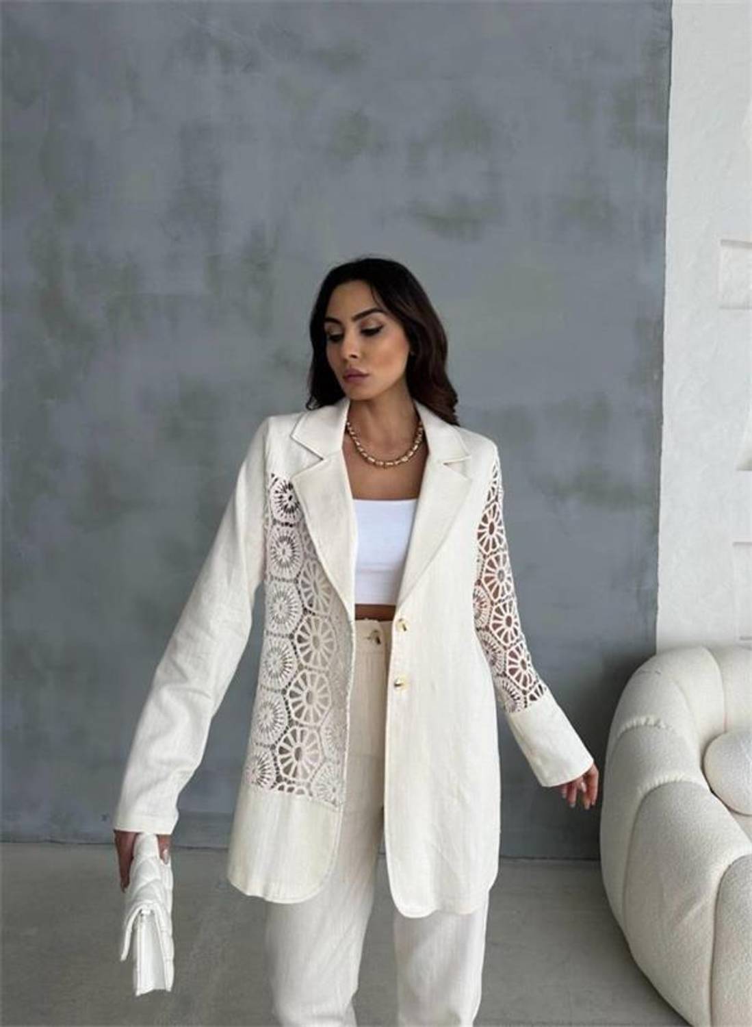 DANTEL PARÇALI KETEN CEKET - PANTOLON TAKIM - Ham