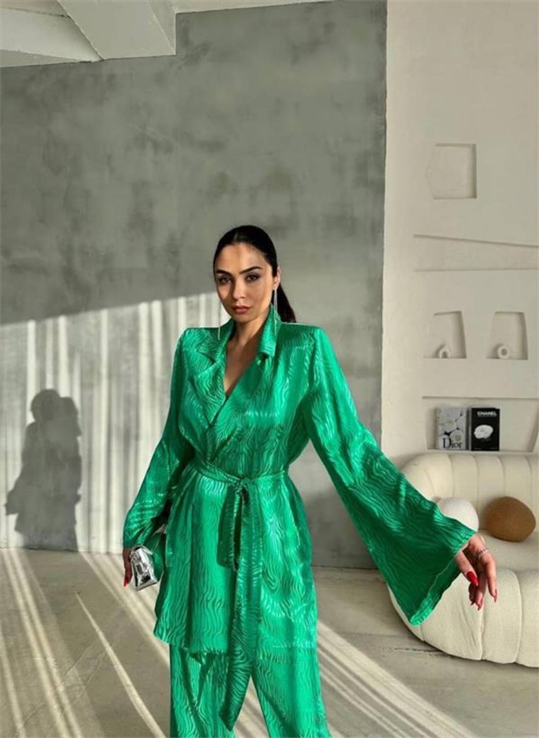 VİSKON JAKARLI BAĞLAMALI GÖMLEK - PANTOLON TAKIM - Yeşil