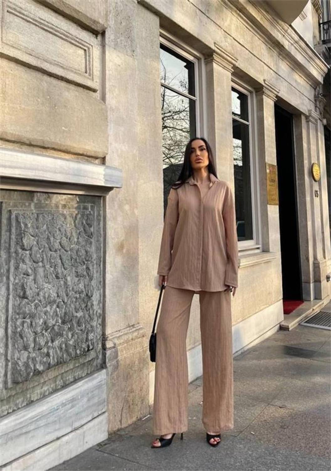 KENDİNDEN DESENLİ KRINKILL GÖMLEK - PANTOLON TK - Bej