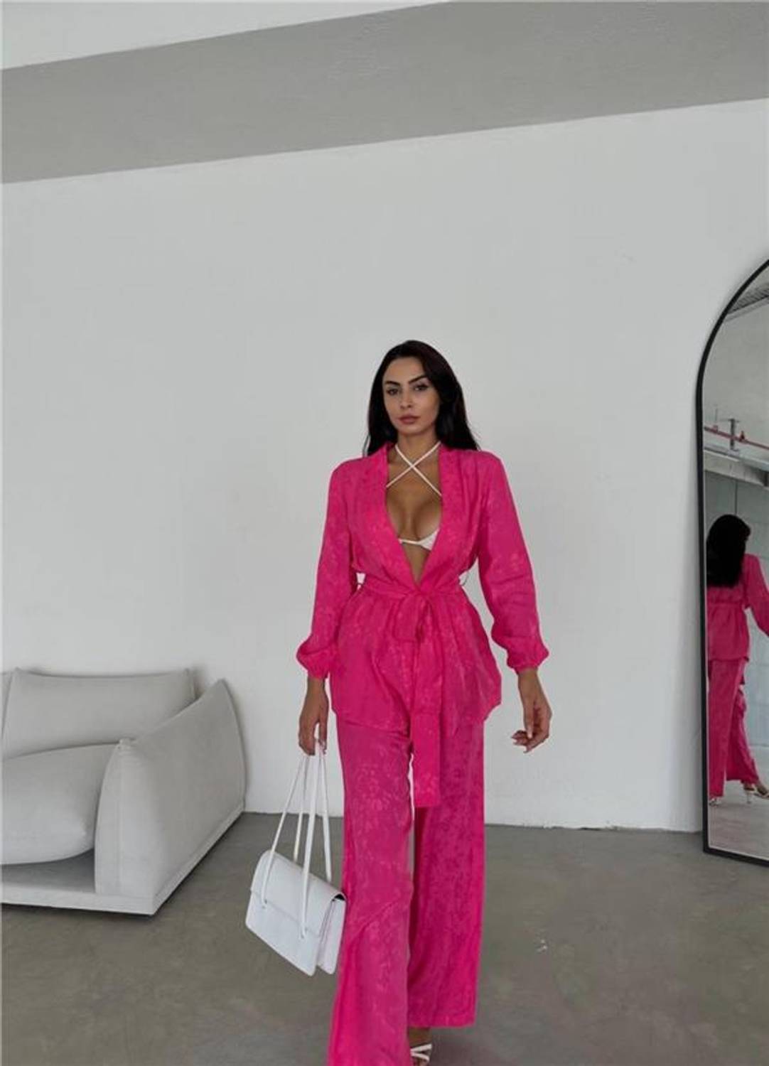 VİSKON JAKARLI BAĞLAMALI GÖMLEK - PANTOLON TAKIM - Fuşya