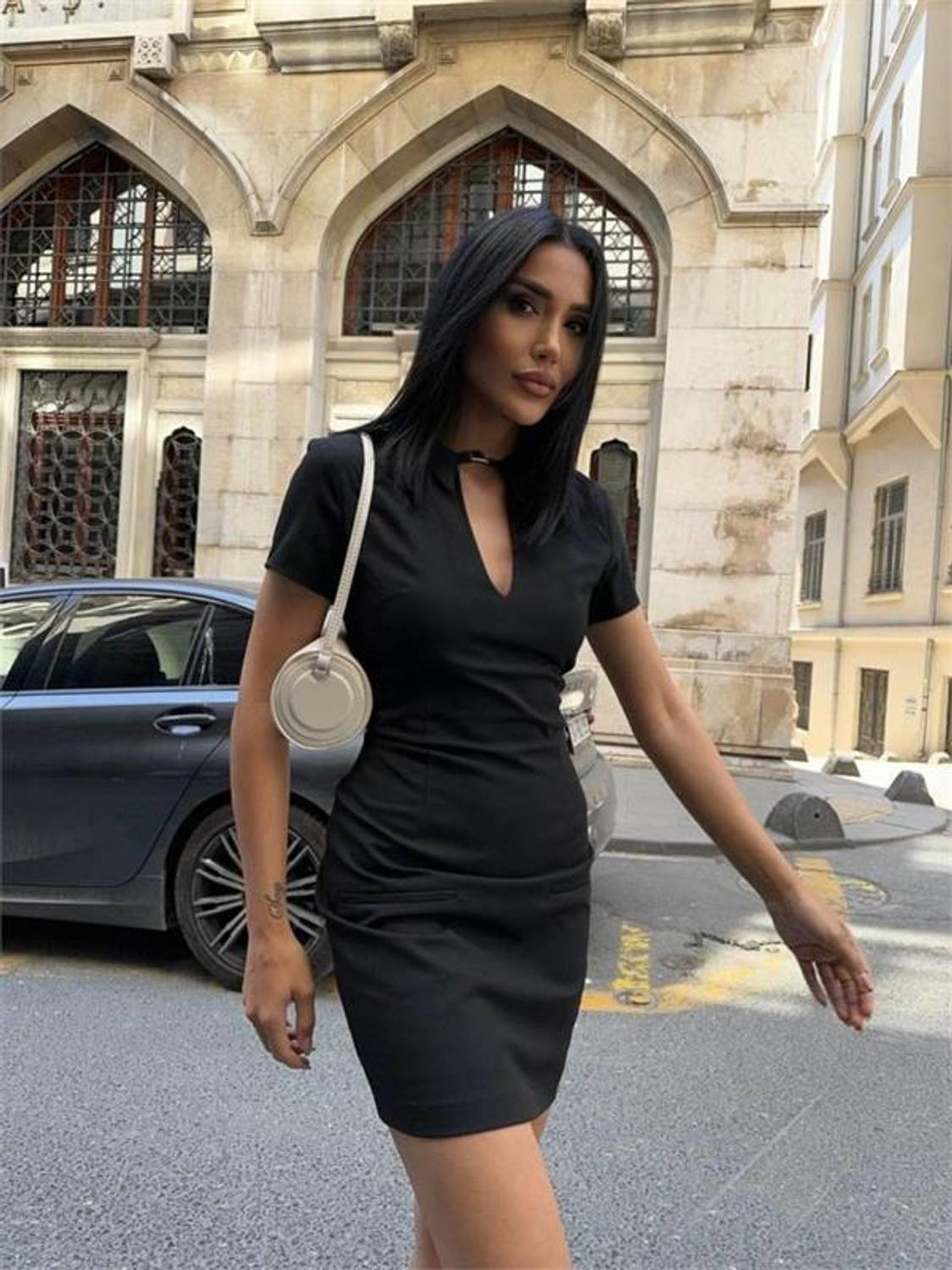 POLO YAKA YAKA KEMER DETAYLI KALEM ELBİSE - Siyah