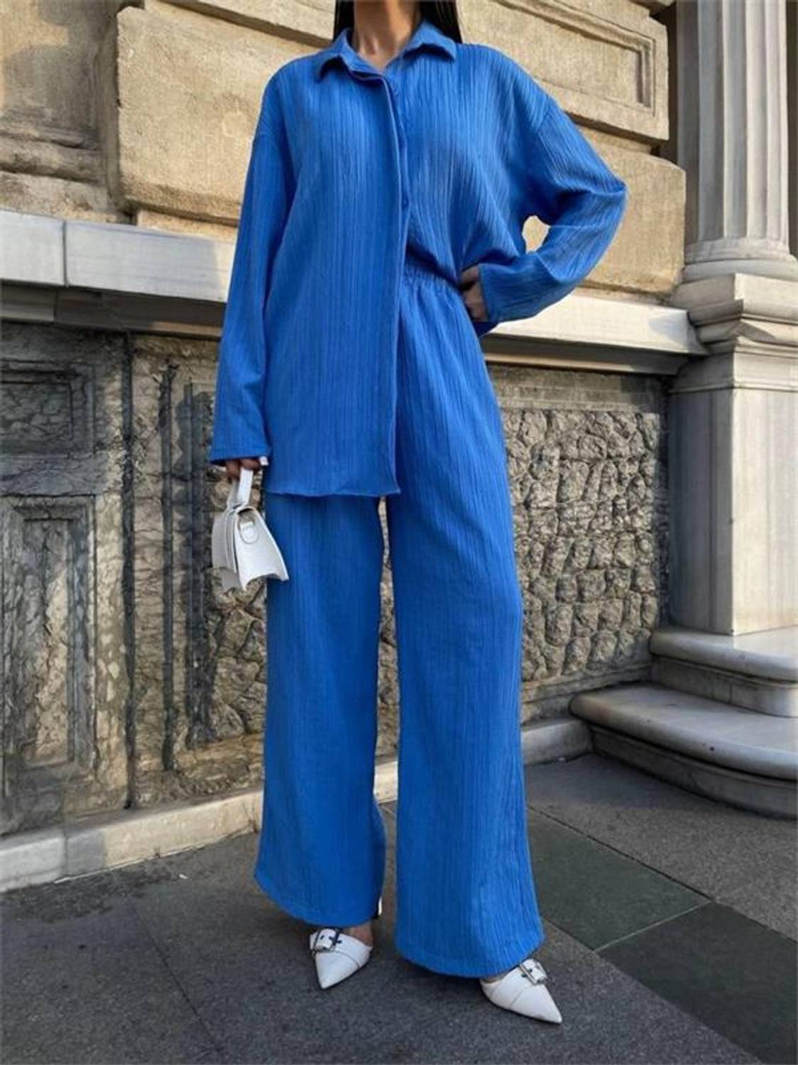 KENDİNDEN DESENLİ KRINKILL GÖMLEK - PANTOLON TK - Mavi