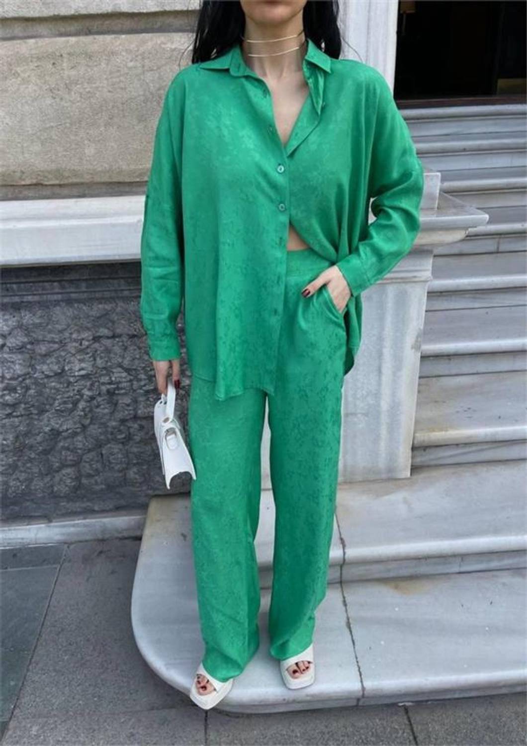 JAKARLI GÖMLEK-PANTOLON TAKIM - Yeşil