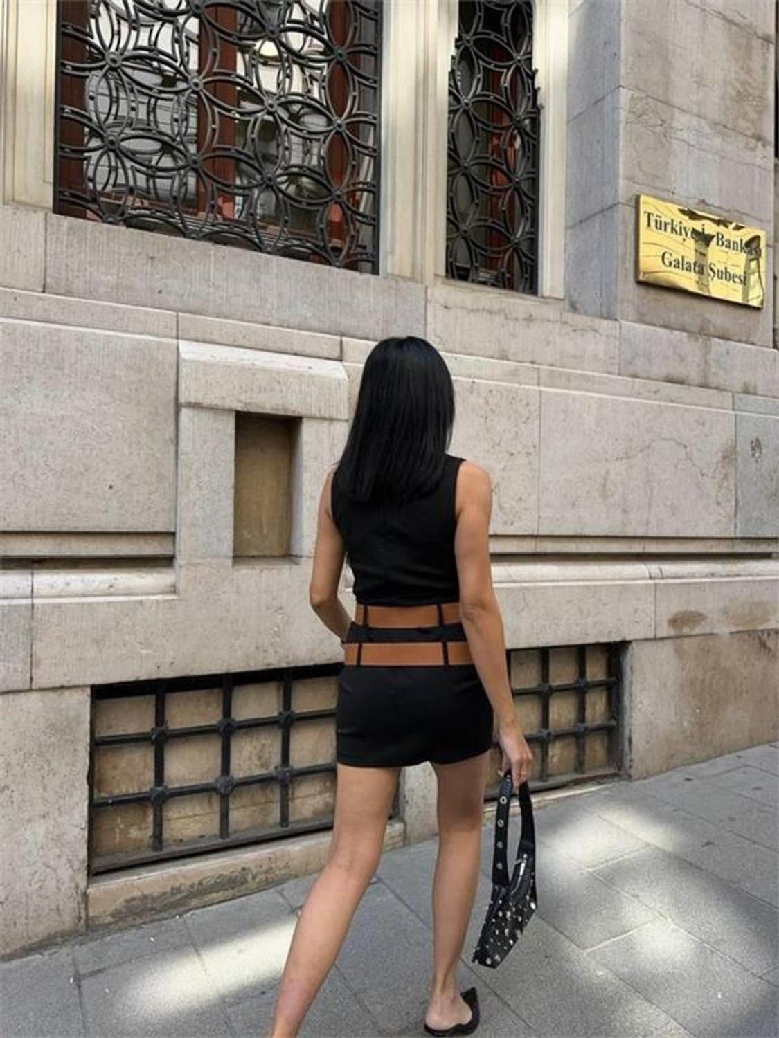 POLYVİSCON ÇİFT KEMER DETAYLI ELBİSE - Siyah