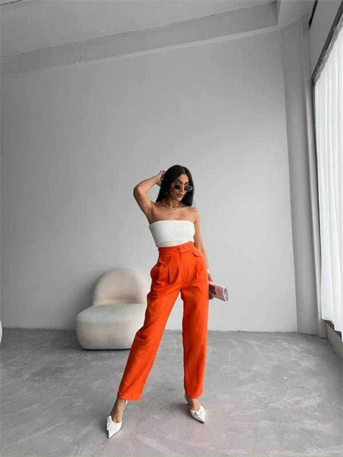 PANTOLON KAPALI CEP 3 DÜĞME DETAYLI - Orange