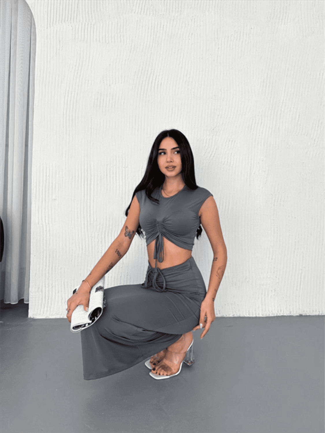 Osy Modal Yumuşak Dokulu Kumaş Büzgülü Crop Etek Takım -Gri