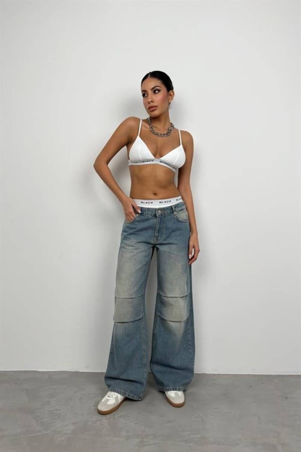 Düşük Bel Diz Katlı Jean