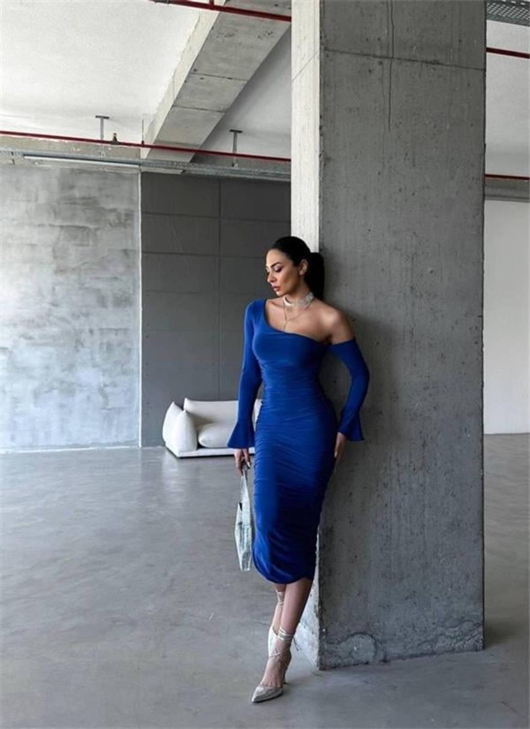 SANDY DRAPE ELBİSE İSPANYOL KOL - Mavi