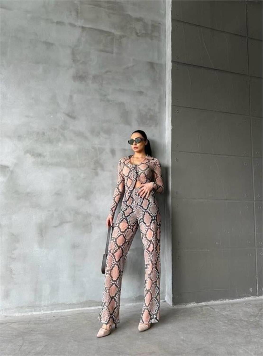 YILAN DESEN TÜL CROP GÖMLEK-PANTOLON TK - Bej