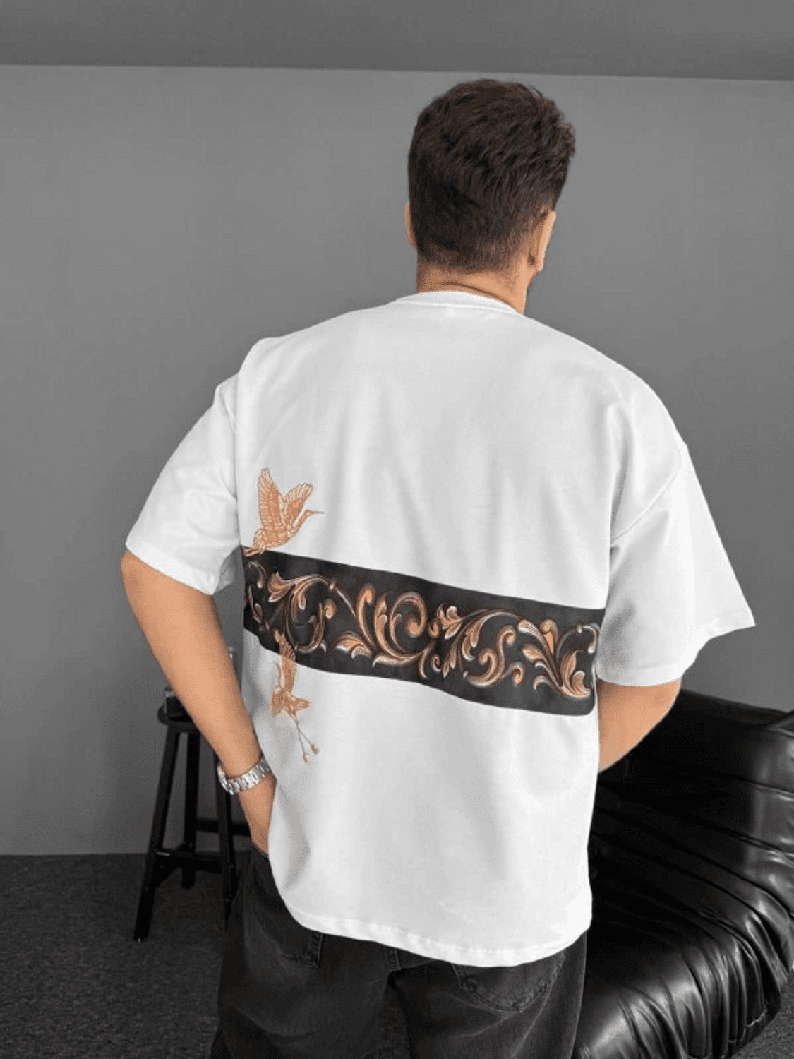 Ön Ve Arka Baskılı Oversize Bisiklet Yaka T-Shirt - Beyaz