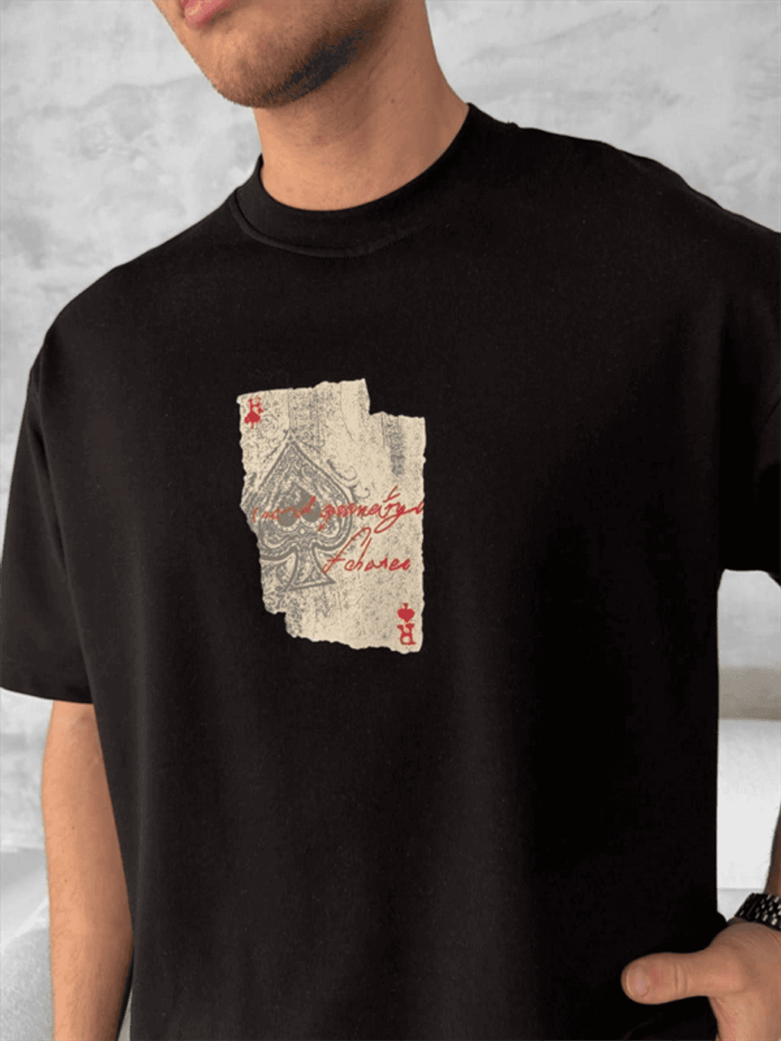 Ön Ve Arka Baskılı Oversize Bisiklet Yaka T-Shirt - Siyah