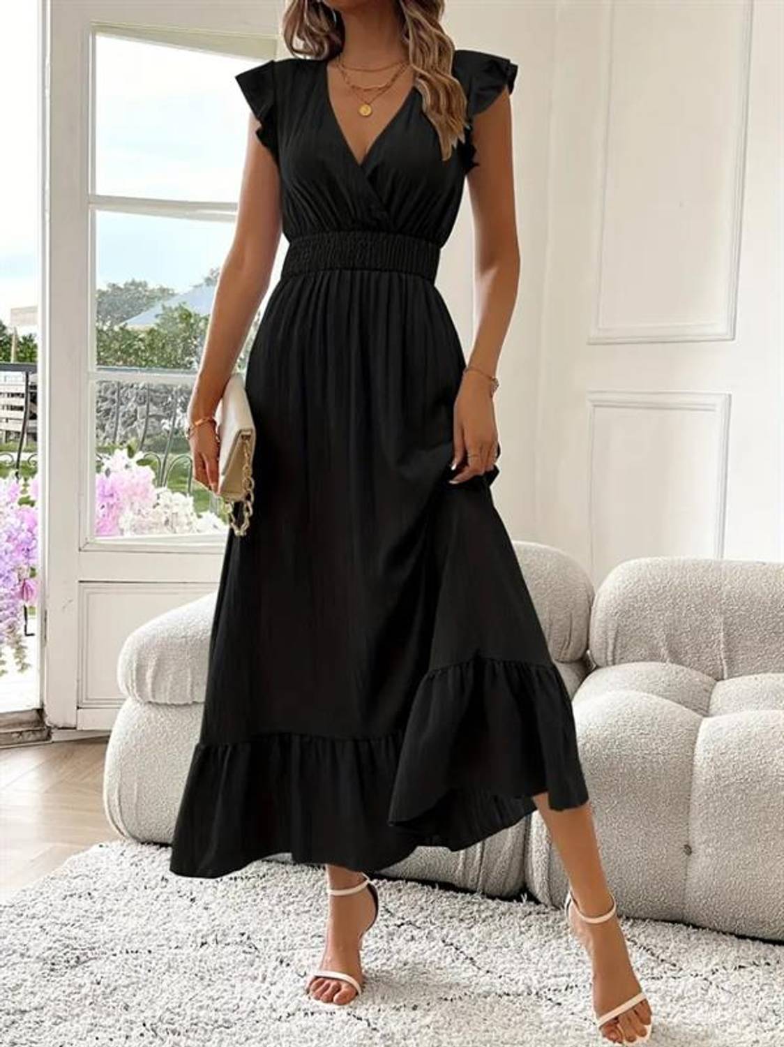 Kadın Kısa Kollu Kruvaze Yakalı Beli Lastikli Müslim Elbise