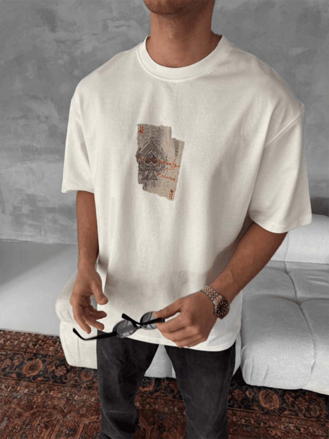 Ön Ve Arka Baskılı Oversize Bisiklet Yaka T-Shirt - Beyaz