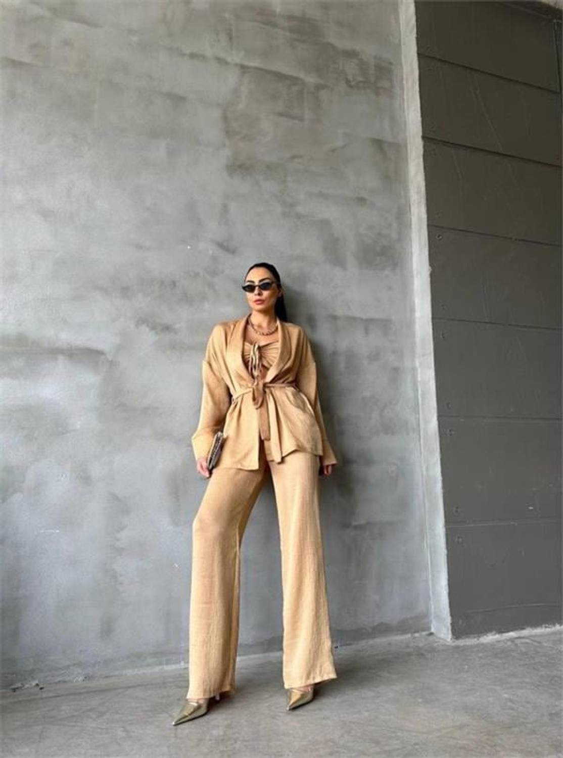 SATEN KİMONO - CROP BLUZ - PANTOLON TAKIM - Bej