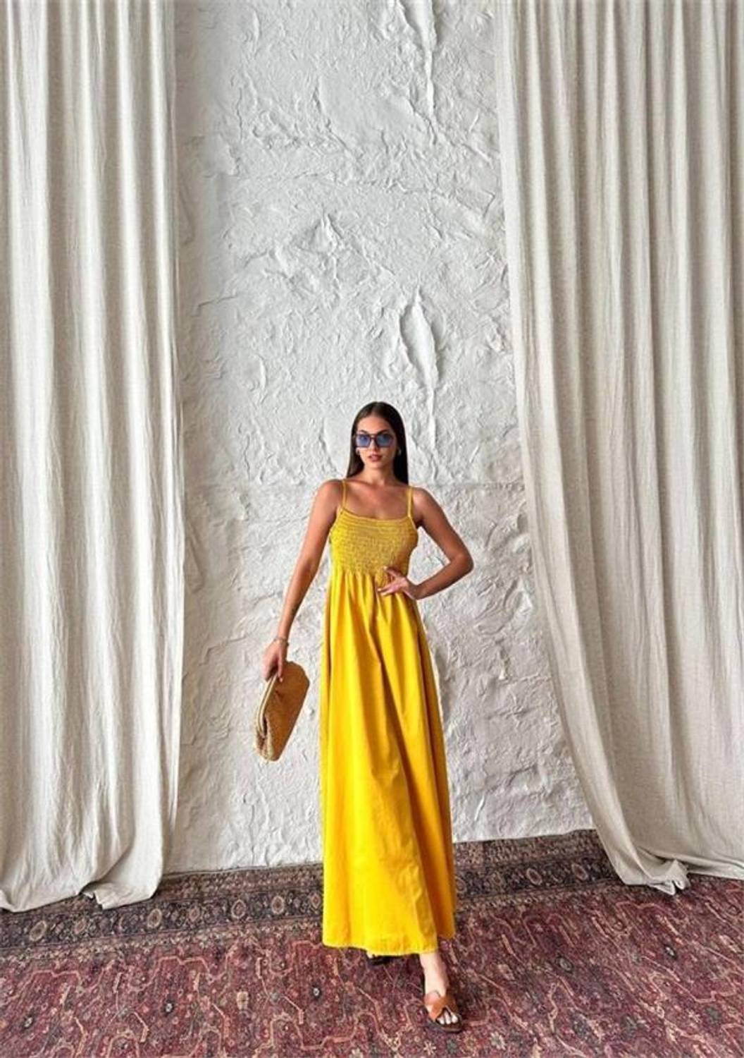 POPLİN ASKILI ELBİSE - Sarı