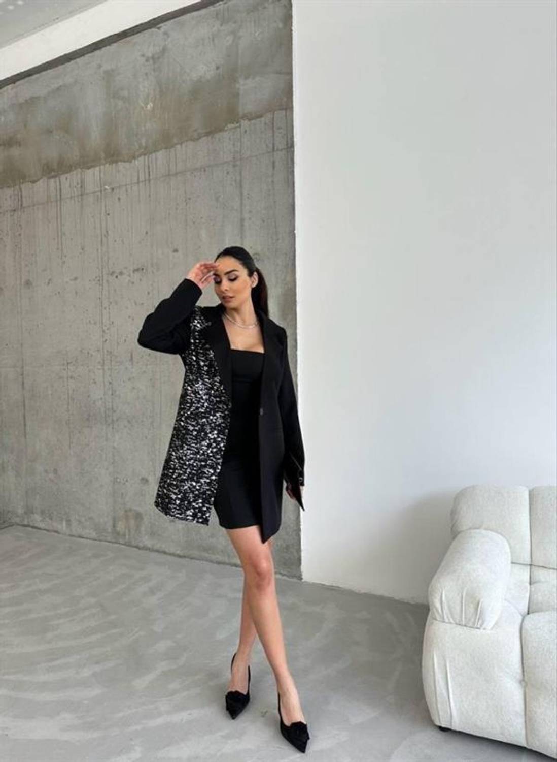 TEK TARAFI VARAK CEKET - KISA ELBİSE TAKIM - Siyah