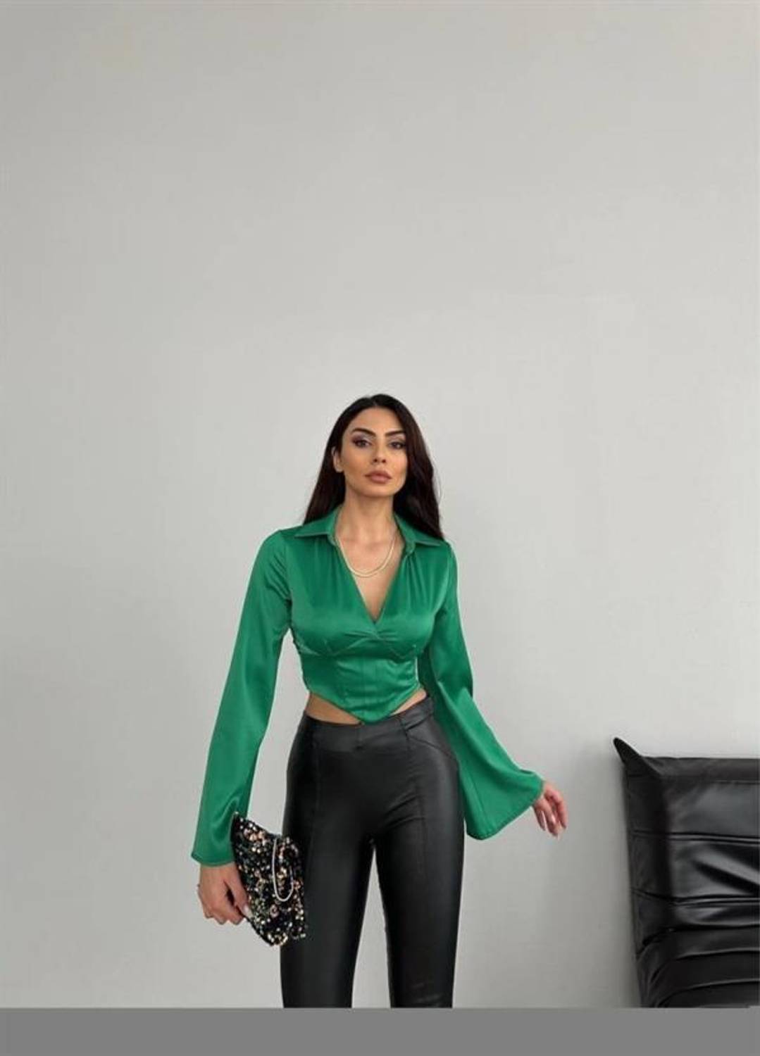 SATEN CROP BLUZ - Yeşil