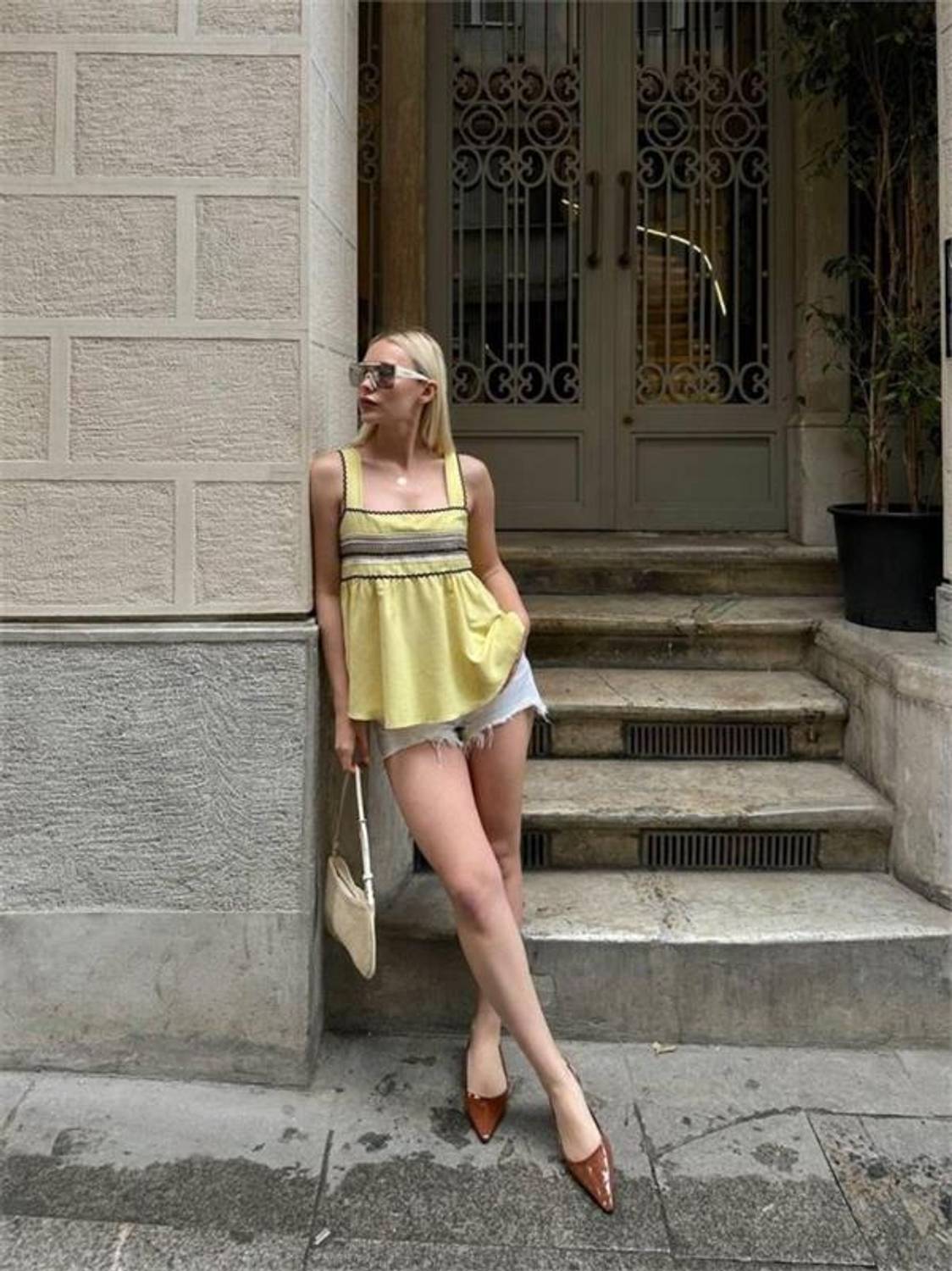 HASIR ŞERİTLİ ASKILI BLUZ - Sarı