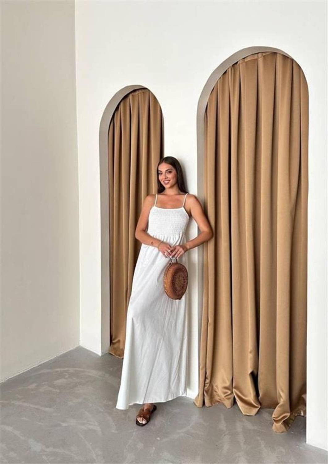 POPLİN ASKILI ELBİSE - Beyaz