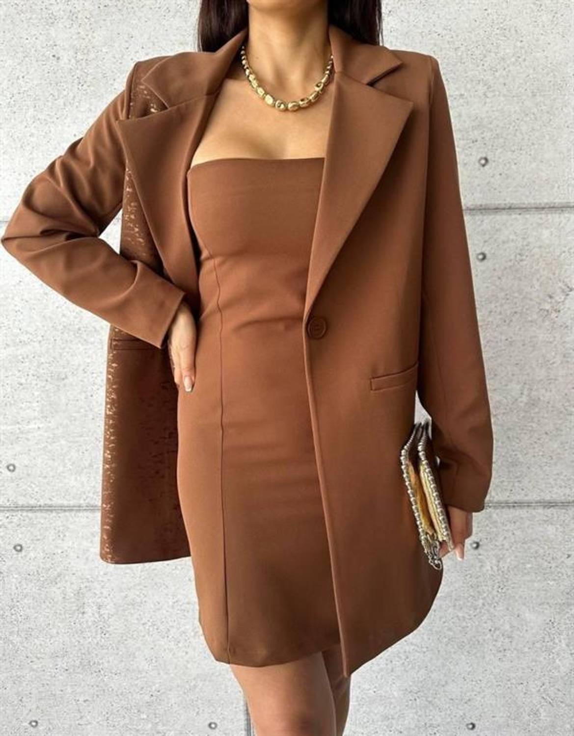 TEK TARAFI VARAK CEKET - KISA ELBİSE TAKIM - Kahverengi