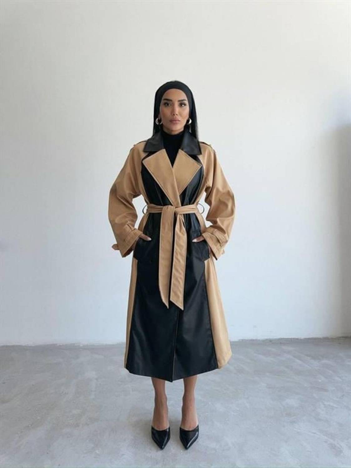 TRENCH BOYUNA DERİ PARÇALI - Bej