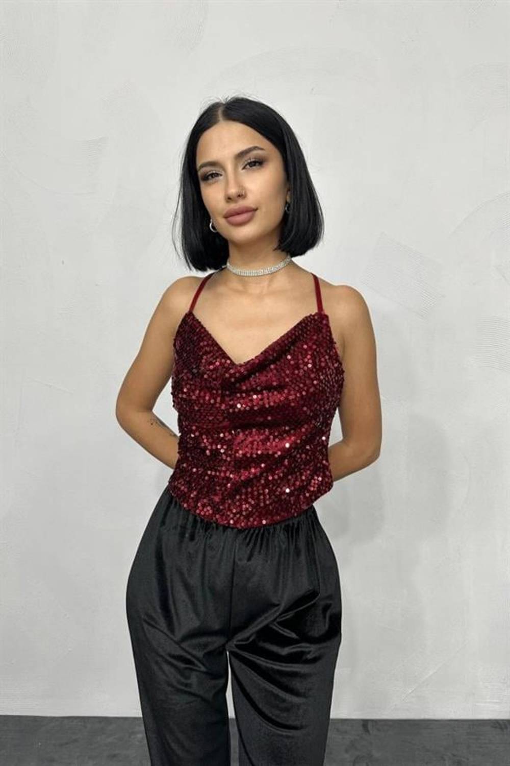 Bordo Askılı Degaje Bluz