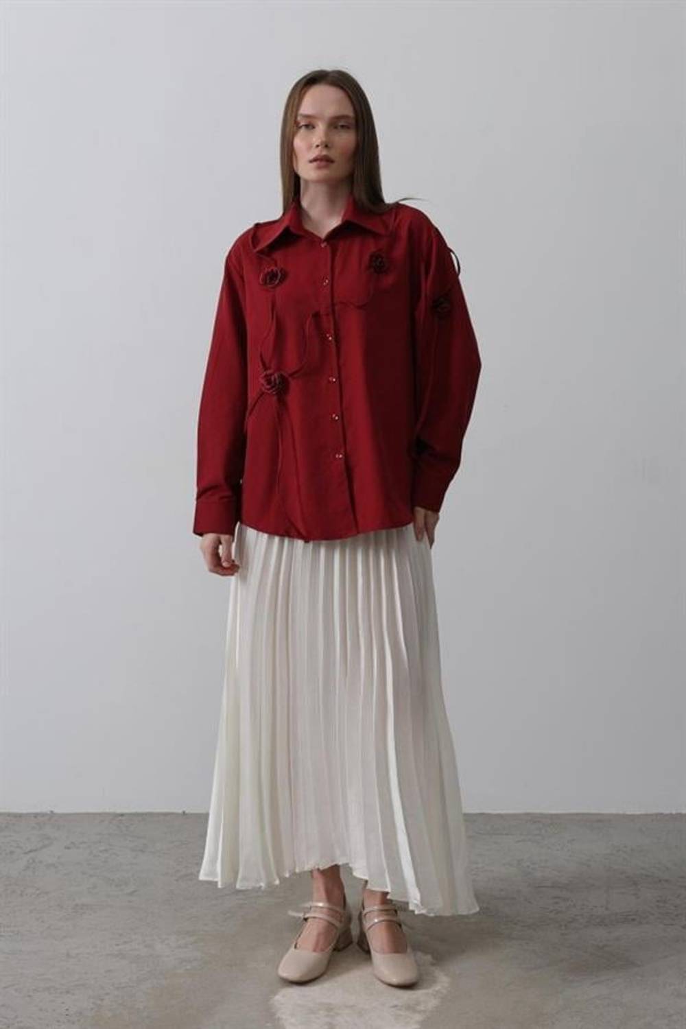 Çiçekli Oversize Gömlek - Bordo