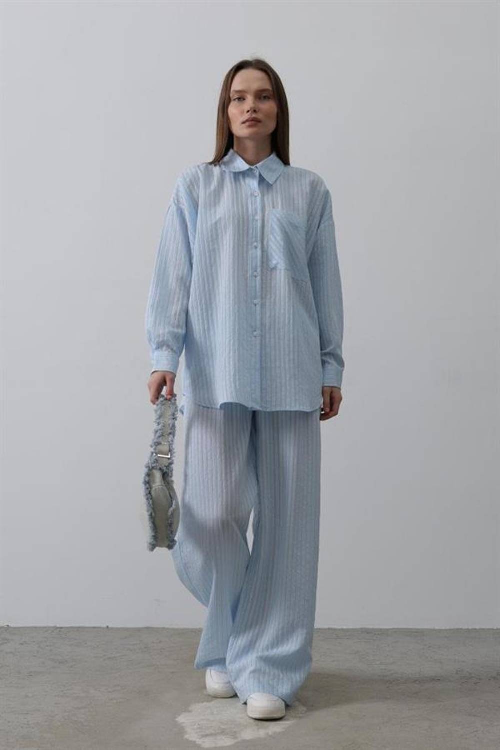 Çizgili Cep Detaylı Oversize Takım - Bebe Mavisi