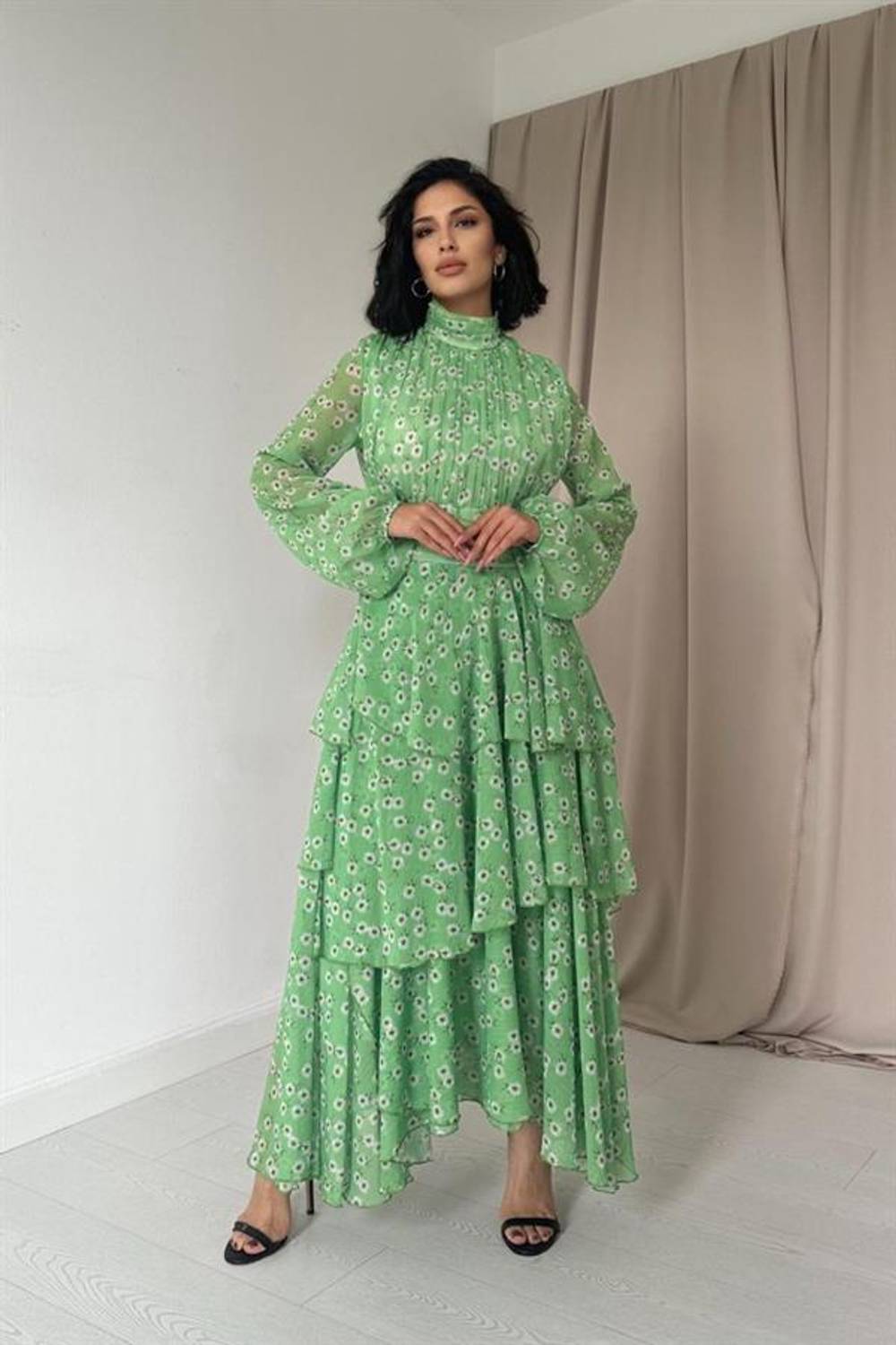 Yeşil Bel Detaylı Elbise