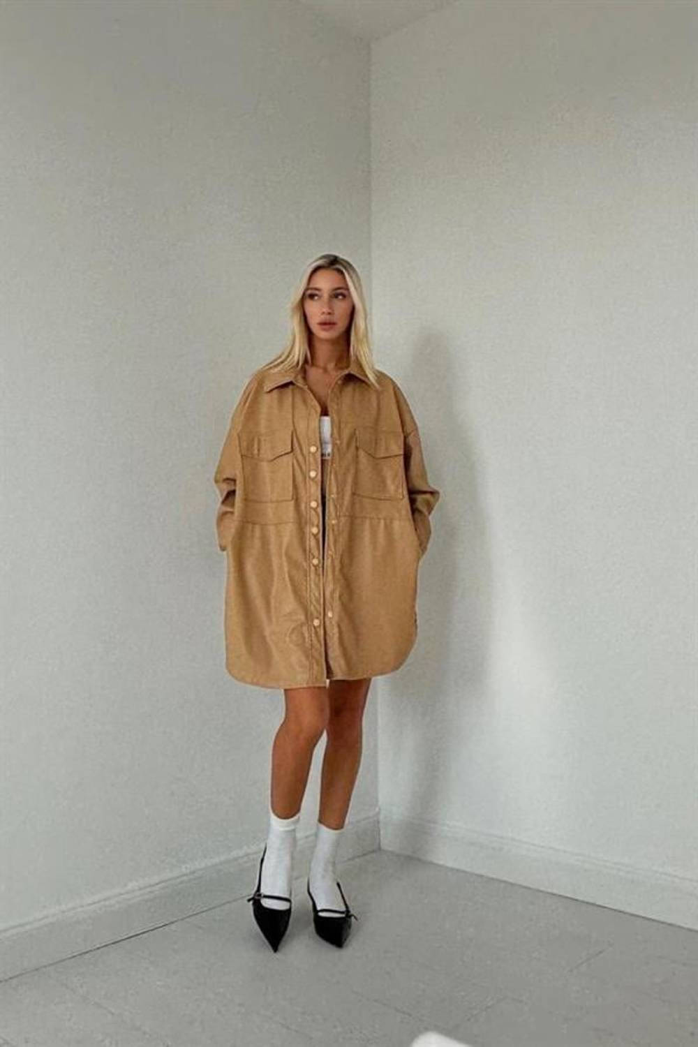 Bej Çıtçıt Kapama Cepli Deri Ceket