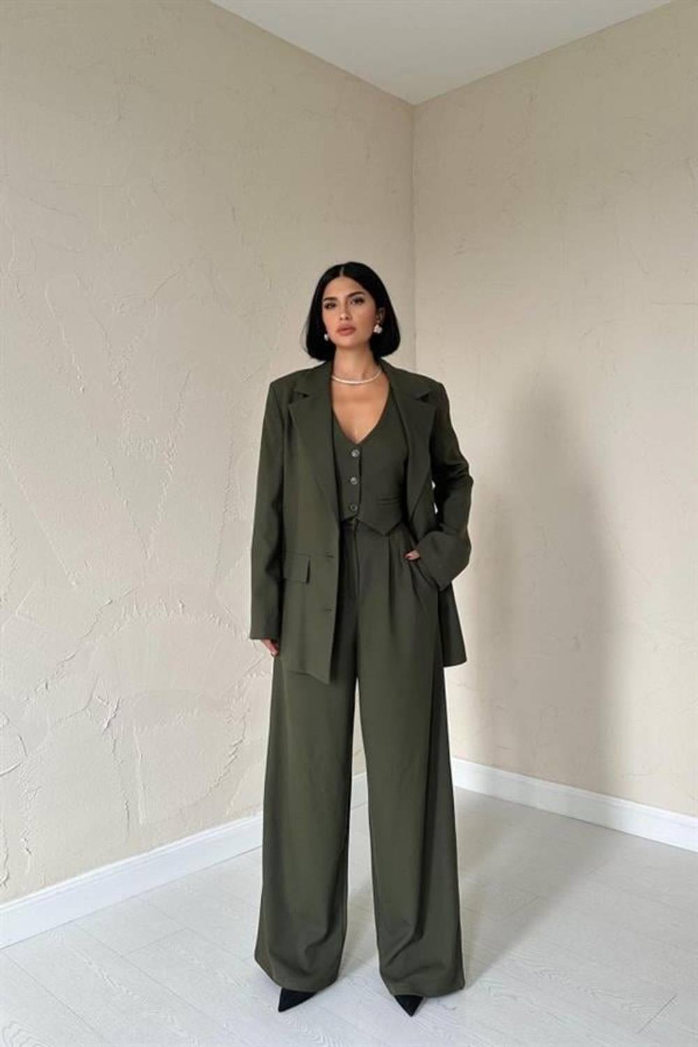 Haki Klas Ceket Ve Yelek Ve Pantolon Takım
