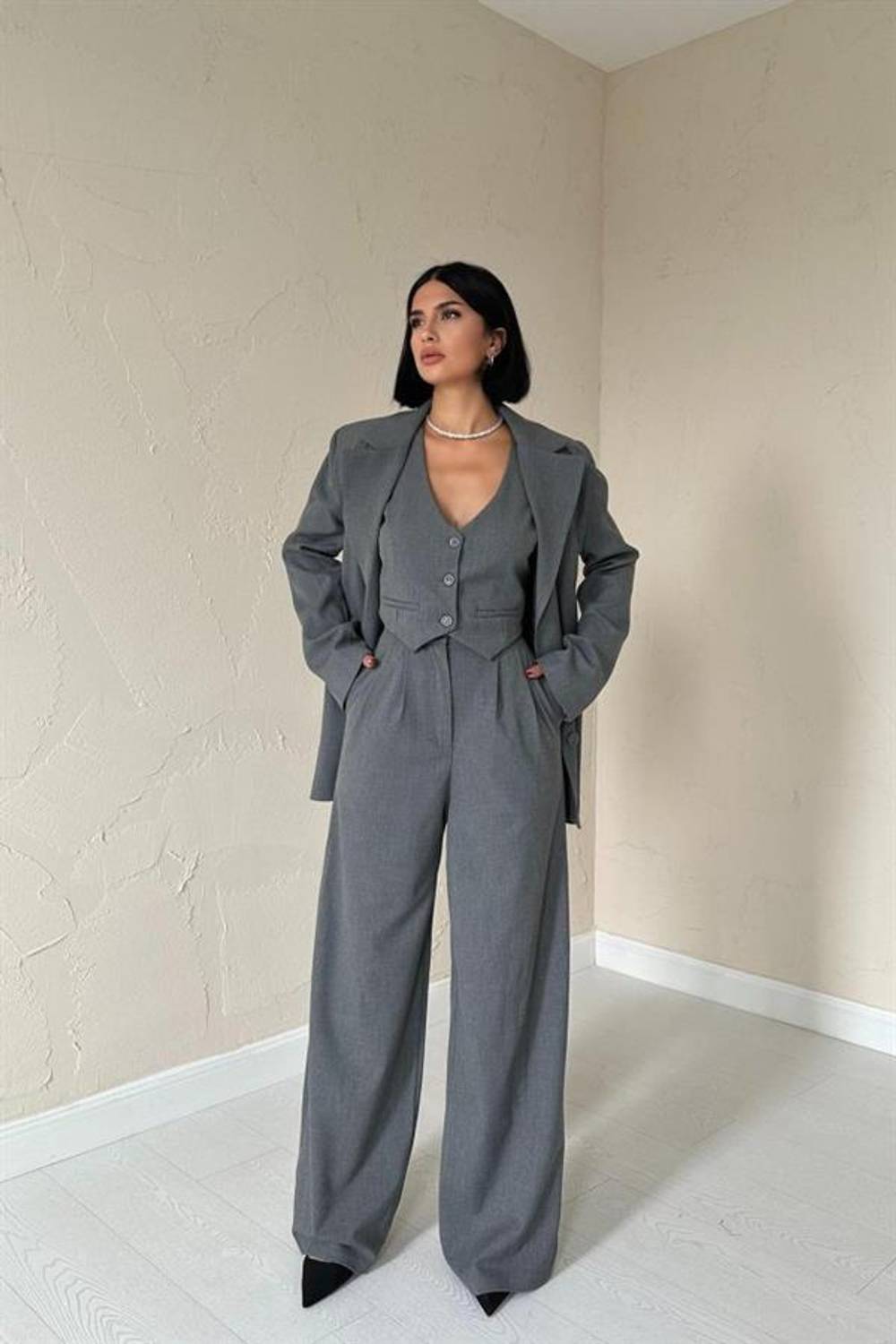 Antrasit Klas Ceket Ve Yelek Ve Pantolon Takım