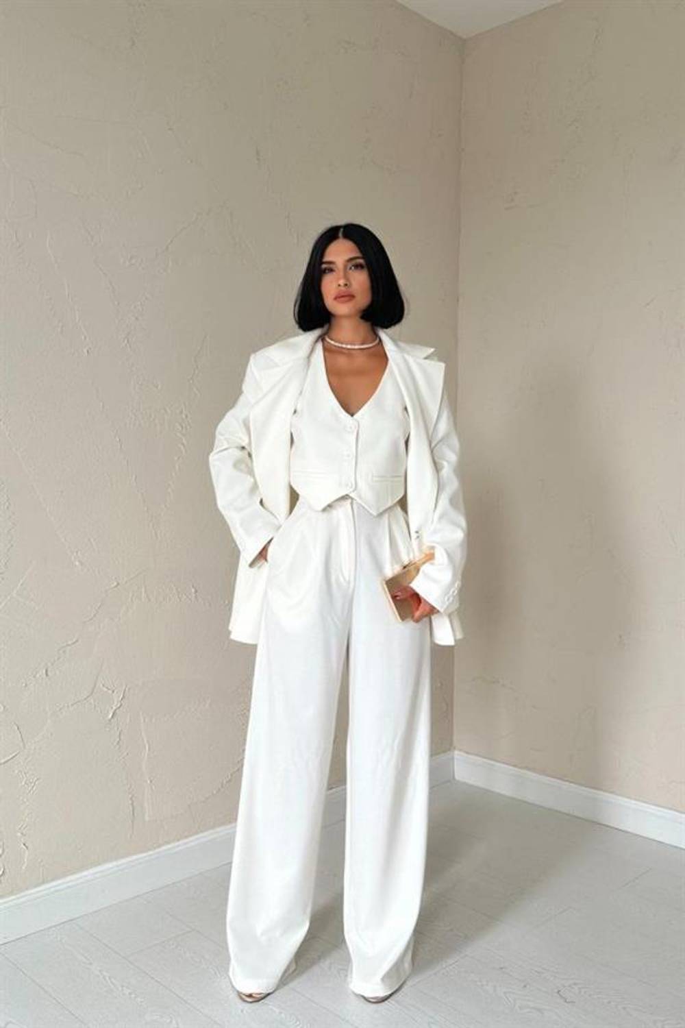 Ekru Klas Ceket Ve Yelek Ve Pantolon Takım