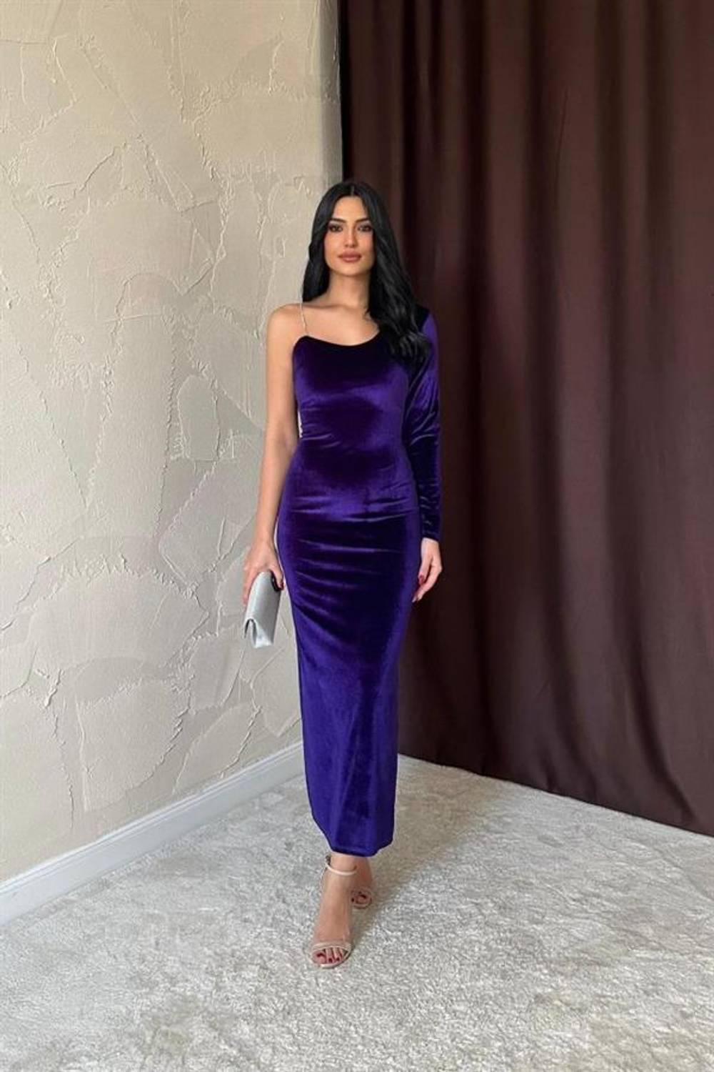 Mor Tek Omuzlu Taş Askılı Elbise