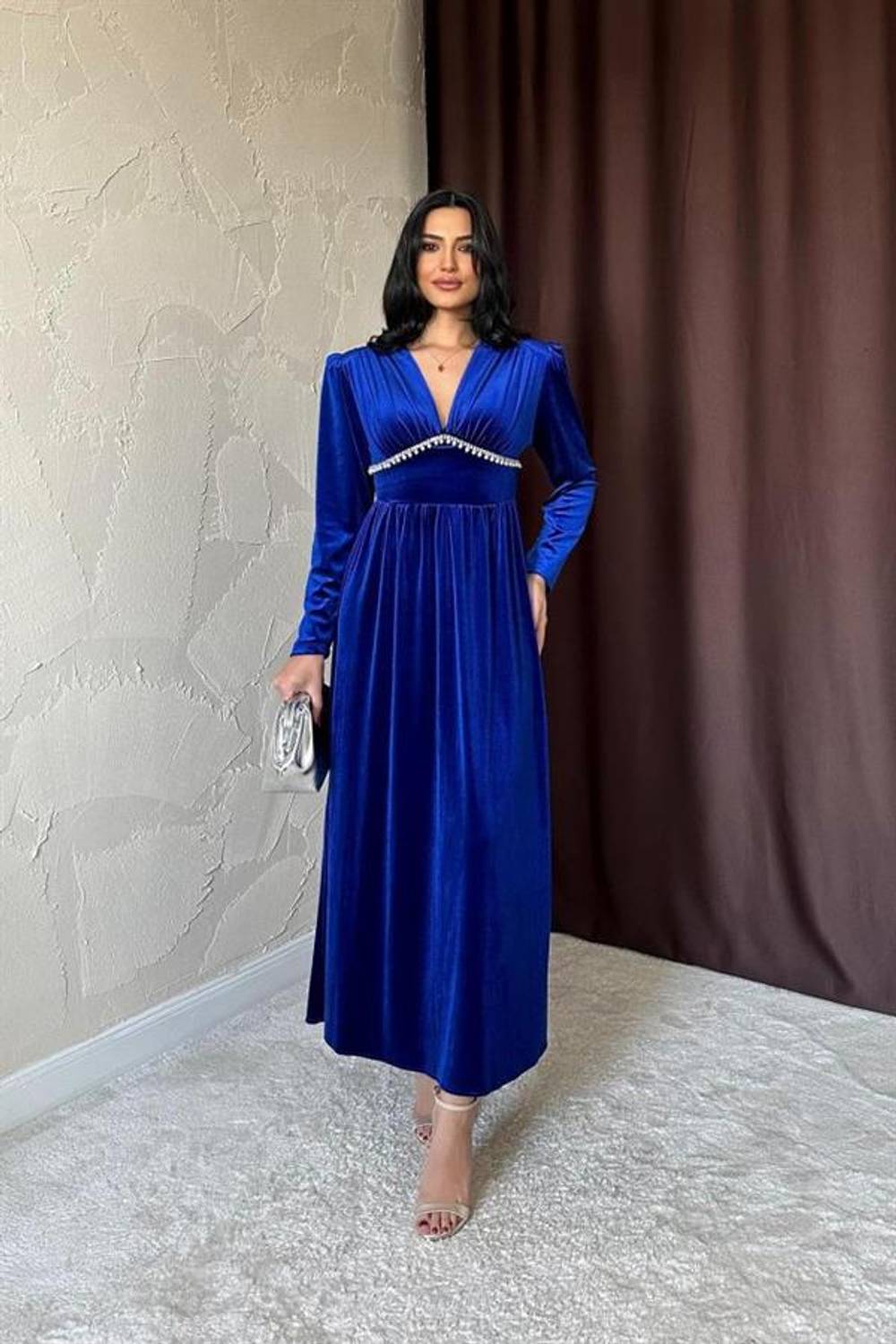 Saks Göğüs Altı Taşlı Elbise