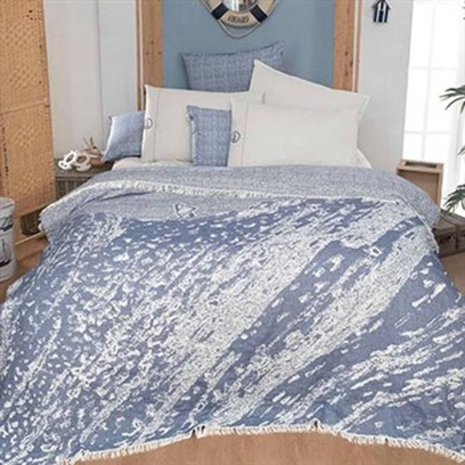 SAREV ÇİFT KİŞİLİK BASKILI PİKE TAKIMI PHUKENT MAVİ 2Y D